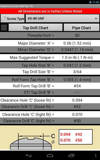 drill and tap information app for machine screws with thread sizes, tap dri...